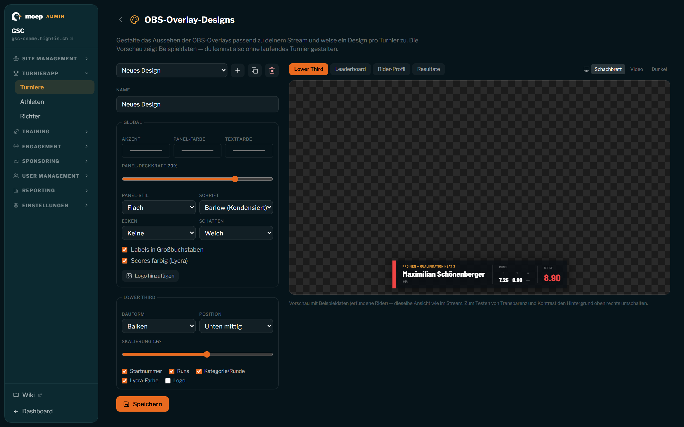Der Overlay-Design-Editor mit Reglern links und Live-Vorschau rechts