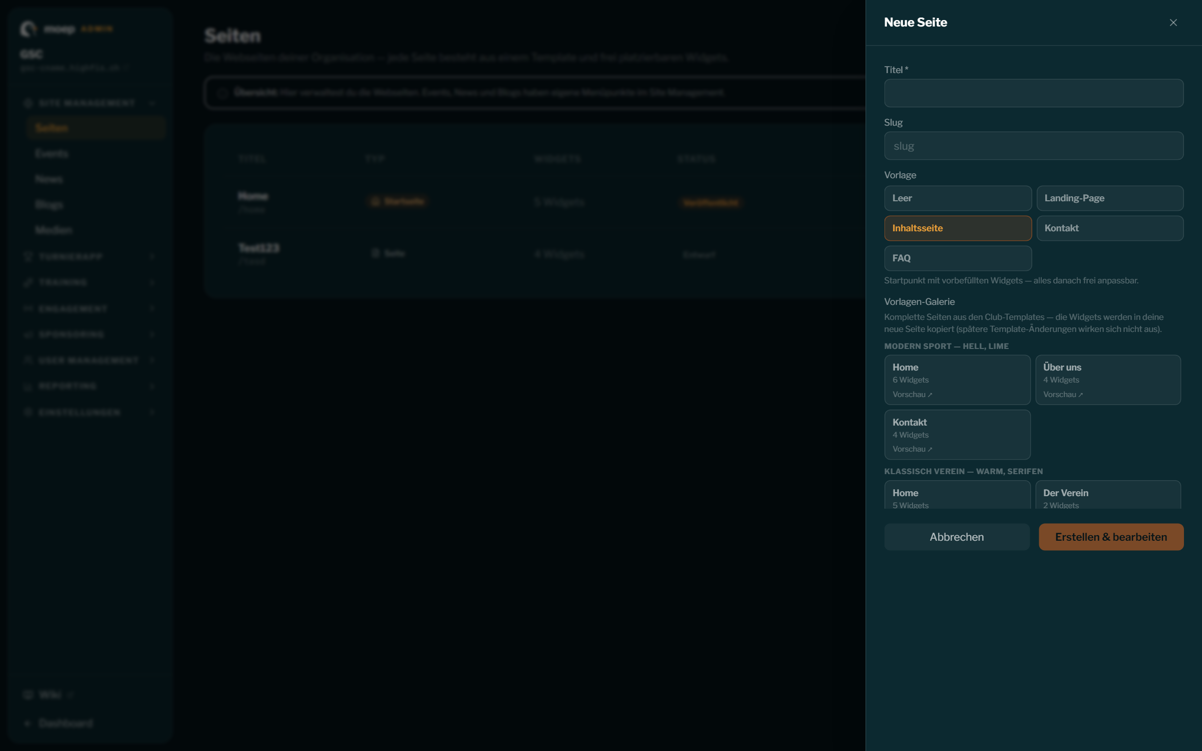 Dialog „Neue Seite" mit den Starter-Vorlagen und der Vorlagen-Galerie der Club-Templates